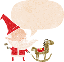 dessin animé santa faisant jouet et bulle de dialogue dans un style texturé rétro png