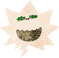 pudín de navidad de dibujos animados y burbuja de habla en estilo retro texturizado png