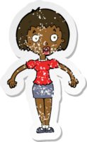 retro distressed sticker of a cartoon confused woman shrugging shoulders png