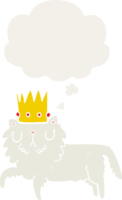 cartoon cat wearing crown and thought bubble in retro style png