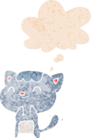 cartoon happy cat and thought bubble in retro textured style png