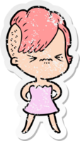 distressed sticker of a cartoon annoyed hipster girl png