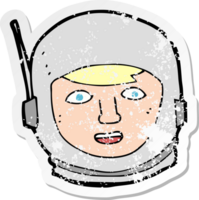 retro noodlijdende sticker van het hoofd van een cartoon-astronaut png