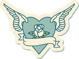 pegatina estilo tatuaje de un corazón con alas, una rosa y una pancarta png