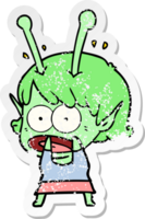 distressed sticker of a cartoon shocked alien girl png