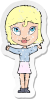 retro distressed sticker of a cartoon woman with open arms png