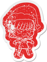 cartoon distressed sticker of a woman wearing santa hat png