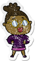 distressed sticker of a cartoon woman wearing spectacles png