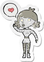retro distressed sticker of a cartoon robot woman png