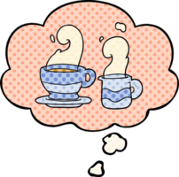 cartoon cup of coffee and thought bubble in comic book style png