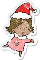 dessin animé d'autocollant en détresse heureux d'une fille portant un bonnet de noel png