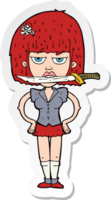 sticker of a cartoon woman with knife in teeth png