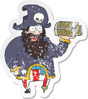 adesivo retrô angustiado de um capitão pirata de desenho animado com baú de tesouro png