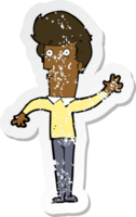 retro distressed sticker of a cartoon nervous man waving png