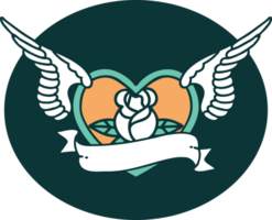 tattoo style icon of a flying heart with flowers and banner png