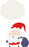 cartoon kerstman met zak en gedachte bel in retro stijl png