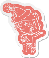 cartoon distressed sticker of a excited man wearing santa hat png