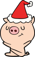 happy line drawing of a pig wearing santa hat png