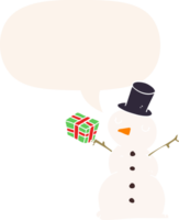 boneco de neve dos desenhos animados e bolha do discurso em estilo retrô png