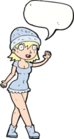 cartone animato bella ragazza nel cappello agitando con discorso bolla png