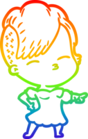 rainbow gradient line drawing cartoon squinting girl pointing png