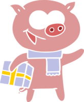 cheerful pig with christmas gift png