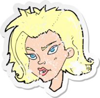 adesivo retrô angustiado de um rosto feminino de desenho animado png