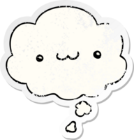 happy cartoon expression and thought bubble as a distressed worn sticker png