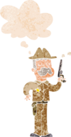 cartoon sheriff and thought bubble in retro textured style png