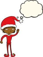 cartoon waving christmas elf with thought bubble png