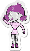 retro distressed sticker of a cartoon robot woman waving png