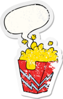 cartoon box of popcorn and speech bubble distressed sticker png