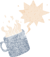 caricatura, taza caliente, de, café, y, discurso, burbuja, en, retro, textura, estilo png