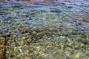 The color of water in the Mediterranean Sea in shallow water. Natural abstract background. photo