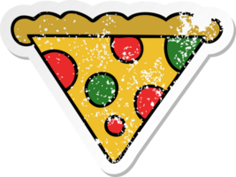 distressed sticker of a quirky hand drawn cartoon slice of pizza png