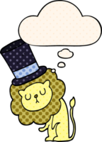 cute cartoon lion wearing top hat with thought bubble in comic book style png