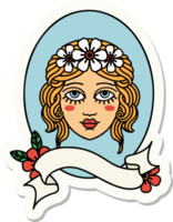 tattoo style sticker with banner of a maiden with flowers in her hair png