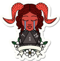 sticker of a crying tiefling face with natural one d20 png