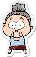 distressed sticker of a cartoon happy old woman png