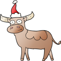 hand- getrokken helling tekenfilm van een stier vervelend de kerstman hoed png