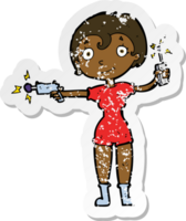 retro distressed sticker of a cartoon future space girl png