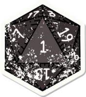 grunge sticker of a natural 1 D20 dice roll png