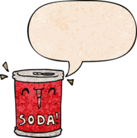 cartoon soda can with speech bubble in retro texture style png