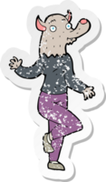 retro distressed sticker of a cartoon dancing werewolf woman png