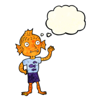 cartoon waving fish boy with thought bubble png