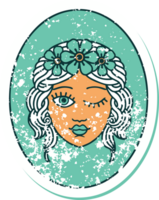 icónica imagen angustiada de estilo tatuaje de una doncella con una corona de flores guiñando un ojo png