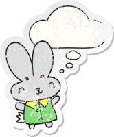 mignonne dessin animé minuscule lapin avec pensée bulle comme une affligé usé autocollant png