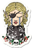 grunge sticker of a crying elf rogue character face with natural one D20 roll png