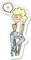 retro verontruste sticker van een cartoonvrouw die op stoel poseert png