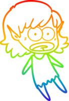 rainbow gradient line drawing of a cartoon shocked elf girl flying png